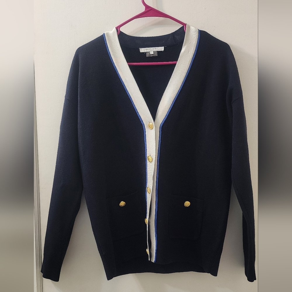 Navy Blue Cardigan with White Trim